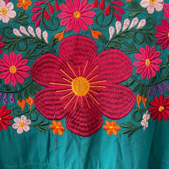 Teal Mexican Embroidered Dress, 1x/2x - Picture 4 of 7